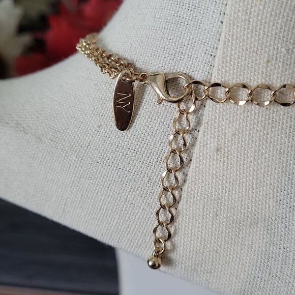 Gold Tone Multi Strand Necklace Pink Red Beads Hammered Discs Layered - Picture 5 of 5